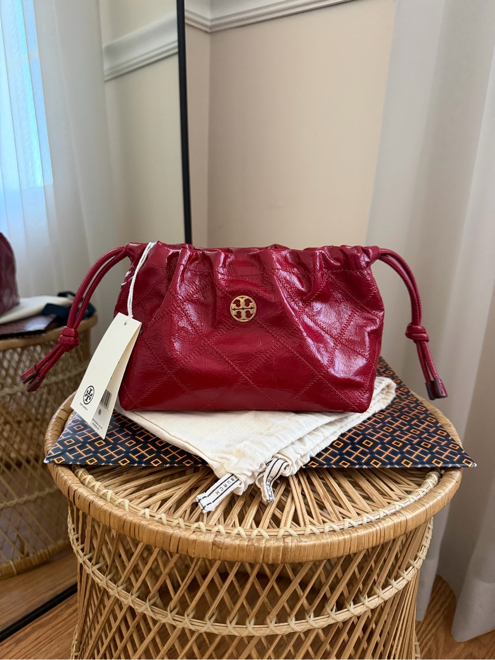 Tory Burch Red Leather Drawstring Pouch Bag